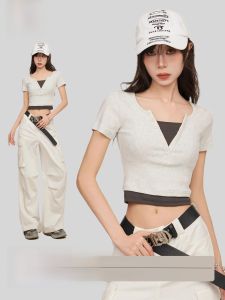 American Grey Two-Piece Shoulder Short Sleeve T-Shirt Womens Summer Design Slim Fit Short Sleeve Work Clothing V-Neck Top