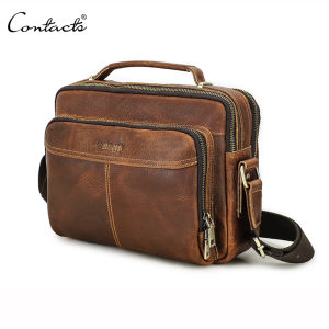 CONTACTS Genuine Leather Men Crossbody Bag Vintage Sling Bag for Men Large Capacity Male Shoulder Bag  Luxury Handbags Laptop Briefcase Bags
