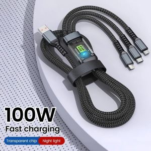 3 in 1 100w Fast Charging Data Cable Nylon Weave Data Cord Type-C/Micro-USB/Lightning Quick Charger for iPhone 15 14 11 Samsung Huawei