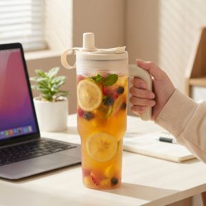 WORTHBUY | 850ML Portable Water Bottle with Strainer & Straw Clear Plastic Tumbler Cold and Heat Resistant Leak-proof Drinking Bottle