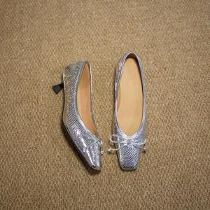 Elegant Silver Butterfly Knot Single Shoes Womens Lamb Skin High Heels Square Head Fashionable Female Footwear Queen Thorn