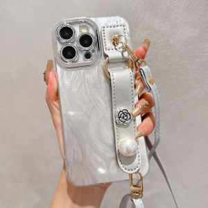 Silver Camellia Pearl Wristband Soft Glue Full Cover Lens Film Crossbody Strap for Apple 17Promax iPhone 16 Gradient 15 pro 14