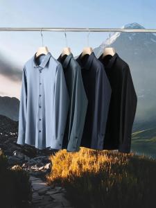 Mens Casual Business Shirt Elastic No-iron Memory Anti-wrinkle Fabric Pure Color Versatile Commute Top Wet Breathable Nylon