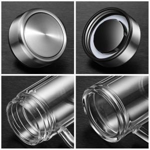 Double Layered Glass Tea Cup for Men with Handle Office Use Tea Water Separation Large Capacity Water Cup for Home Use