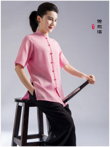 ชุดไทเก๊กสำหรับฤดูร้อนสินค้าใหม่สำหรับทั้งผู้ชายและผู้หญิงชุดฝึกกังฟูผ้าฝ้ายผสมผ้าลินินสไตล์จีนชุดไทเก๊กแขนสั้น