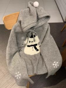 Cute Cartoon Snowman Hoodie Womens Autumn Winter Christmas Atmosphere Loose Lazy Style Soft Cozy Knitted Sweater Top