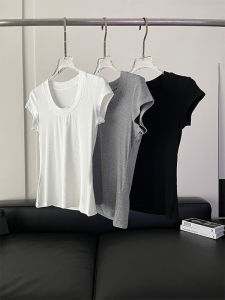 เสื้อยืดคอวีแขนสั้นทรงสลิมฟิตสำหรับผู้หญิง Pure Color High Elasticity U-Neck Short Sleeve T-Shirt แฟชั่นสำหรับฤดูใบไม้ผลิและฤดูร้อน