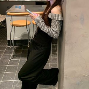 VKSOD | Laid-back Plaid One-Shoulder Short Shirt Top And Wide-Leg Pants Set Long Sleeve Casual Style Summer Collection Womens Fashion