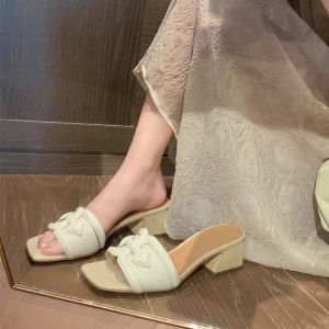 Goatskin Version ~ Summer Fashion Straw Woven Flat Holiday Outdoor Slippers Womens Leather Chunky Heel High Heel Sandals