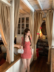 Váy Ngắn Không Tay Cổ Chữ V Họa Tiết Kẻ Caro Màu Đỏ Ngọt Ngào Váy Mùa Hè Mới Cho Nữ