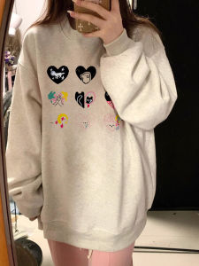 Pure Cotton round Neck Sweatshirt Womens White Grey Spring Autumn Cartoon Design Hong Kong Style Chic Top Korean Loose Fit Printed
