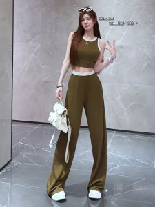 Summer New Color Block Sporty Two-Piece Set Womens Slim Fit Inner Short Vest High Waist Casual Wide Leg Long Pants
