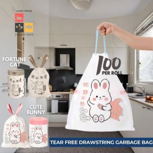 (SG Seller) 100pcs Cute Bunny Cat Pattern Drawstring Garbage Bag Household Size Kitchen Portable Draw String Plastic