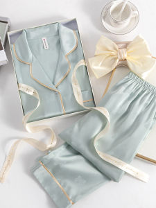 Luxury Manlin Pajamas Womens Suit Ice Silk Womens Long Sleeves Pants Cool Silk Home Wear Qixi Gift Gift Box