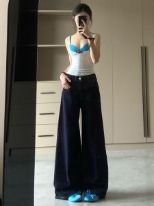 American Retro Wide Leg Mop Denim Female Summer High Waist Drape Dark Fancy Slimming Straight Pants Trendy