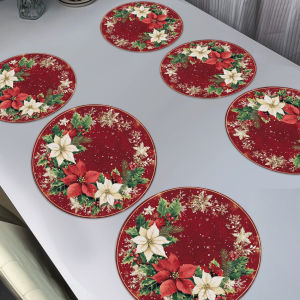 VIKAMA Christmas Round Placemats Red Background Snowflakes Holly Berries Waterproof Family Dinner Cafe Decoration