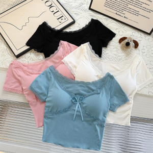 Bow Knot Lace Casual Plain Chic Design Beauty Back Tee with Chest Pad Inner Wear Short Sleeve