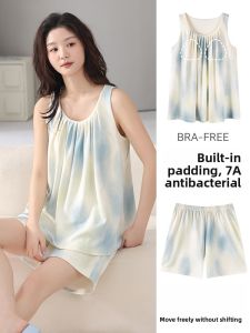 Miiow | Womens Summer Sleepwear Cotton Silk Sleeveless Vest Shorts Set With Chest Pad Loose Home Clothes Round Neck Elastic Waist