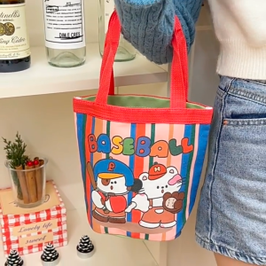 Cartoon canvas bucket bag cute & stylishlarge capacity lunch tote for commuting
