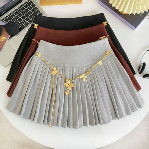 Butterfly Chain Pleated Mini Skirt High Waist Slimming Woolen A-Line Korean Style Commute Pure Color Half Body Skirt