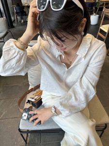 Elegant Ageless Linen Shirt French Style Loose Fit Lightweight Long Sleeve Pleated Collar Spring Summer Breathable Hollow out