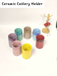 SNUG Ceramic Material Gradient Rainbow Colorful Utensil Holder With Drain Hole And Drain Tray