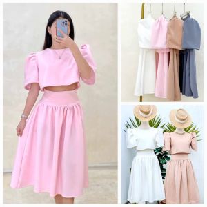 Sarah Casual Office Formal Filipianiana Graduation Wedding Anniversary Puff Short Sleeves Top and Hip Skirt