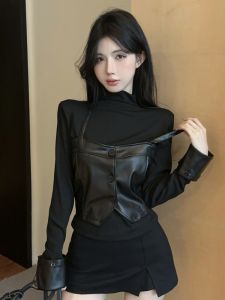 GUZILIAN | Womens Long Sleeve T-Shirt Base Shirt PU Leather Halved High Collar Inner Wear Autumn Winter High End Feeling Top Ensemble