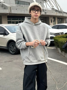 เสื้อสเวตเตอร์มีฮู้ดแบบมีฮู้ดสำหรับผู้ชายในฤดูหนาว ทรงหลวม สไตล์ย้อนยุค สีเทาอ่อน เสื้อเชิ้ตแขนยาวแบบสวมหัว