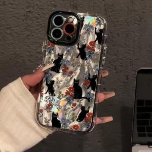 Apple 17Promax Phone Case Full Cover Floral Black Cat Design Protective Shell for iPhone 16Pro 15Plus XR 14 13 12 Advanced 11Pro