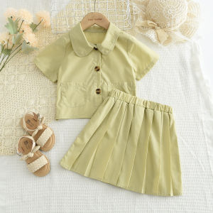 Bear Leader 2 Pieces Sets Kids Girls Clothing Summer Yellow Green ButtonShort Sleeves Shirts and Pleated Skirt Suits Baby Girls Pockets Clothes Casual 3-7 Years