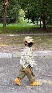 2023 Korean Style Anak Laki-Laki Garis-garis Kemeja+Celana Panjang Wide leg pants Set Anak Fahion Baju Laki-Laki