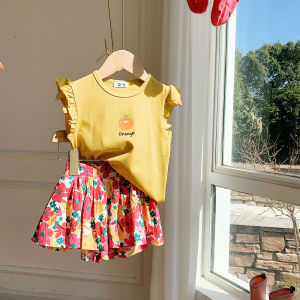 New Summer Girls Short Sleeve Ruffle Hem Outfit Floral Print Korean Style Cotton Thin Material Childish Cute Two-Piece Set