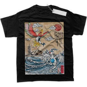 Bandai | Mens T Shirt Mens Sports T Shirt Mens Short Sleeve T Shirt Pokemon Ho Oh Flying and Lugia on Waves with Pagoda Mountain