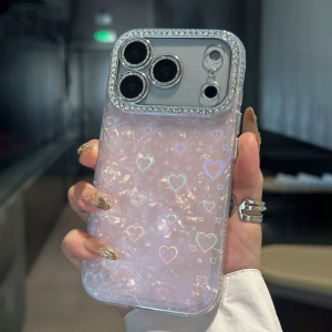 Fashion Glitter Laser Heart Love Shell Pattern Phone Case For iphone 17 16 15 14 Plus 13 12 Pro Max Diamond Lens Protectio Cover