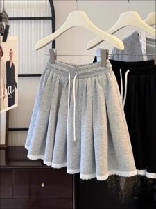 Váy Ngắn Xếp Ly Màu Xám Cỡ Lớn Cho Nữ Mùa Hè Váy Thể Thao Ngắn Xếp Ly Cạp Cao Có Dây Rút Viền Ren Váy Thể Thao