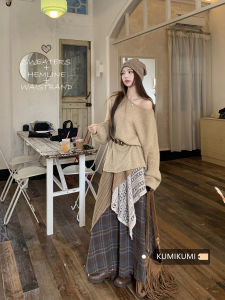 ชุดสองชิ้นสไตล์ย้อนยุค แขนยาว โชว์ไหล่ กระโปรงสั้นเอวสูง สำหรับผู้หญิง ชุดแฟชั่นฤดูใบไม้ร่วง/ฤดูหนาว