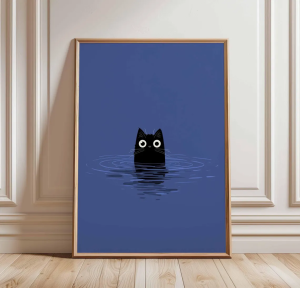 Funny Cat Poster Minimalist Cat Wall Art Black Cat Print Animal Illustration Cute Cat in Water Art Blue Cat Room Decor