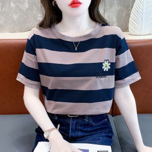 Pure Cotton Short Sleeve T-Shirt Womens Loose Fit Shoulder Summer Fashion Print Splice Korean Style Casual Versatile Top
