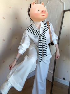 Bộ đồ ba mảnh CHANGTONG Áo sơ mi kẻ sọc và Quần ống rộng Cotton mùa xuân 2025