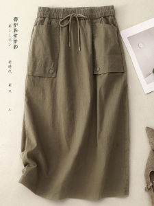 Summer Thin Cotton Midi Skirt Womens Artistic Vintage High Waist A-Line Skirt with Pockets Loose Fit H-Shape Fashionable