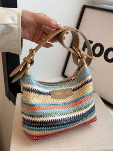 Fashionable Color Block Straw Weaving Crossbody Bag Womens Outdoor Handbag Versatile Single Shoulder Bag Fresh Style Summer 2024
