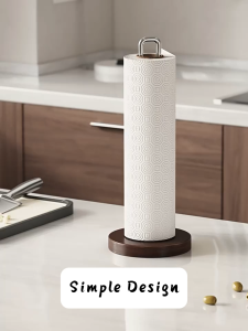 304 Stainless Steel Kitchen Roll Stand Freestanding Countertop Paper Tissue Towel Holder with Wooden Base