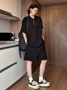 American Style Half Zip Knitted Short Sleeve Polo Shirt Mens Summer Quick Dry Sports Shorts Two Piece Set Polyester Fiber