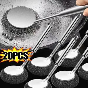 20Pcs Cleaning Brush Long Handle Pot Brush Kitchen Pan Pot Dishes Steel Wool Steel Wire Metal Wool Scourer Household Cleaning