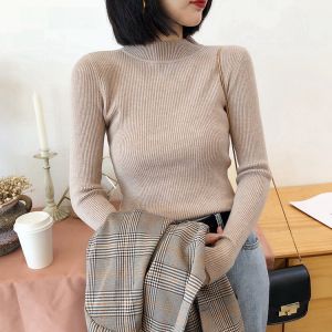 เสื้อถักคอสูงครึ่งตัวสำหรับผู้หญิง เสื้อชั้นในบาง เสื้อสเวตเตอร์ทรงสลิมฟิต ทรงเข้ารูป ทรงเข้ารูป แขนยาว สีพื้น