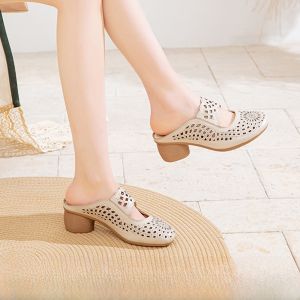 SHIPAILUO | Womens Hollow Out Leather Sandals Summer New Soft Bottom Thick Heel Casual Style Rubber Sole Comfortable Slip-On Shoes