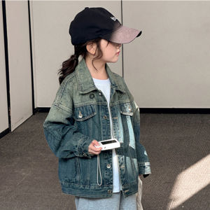 Girls Loose Fit Denim Jacket Spring Autumn Casual Style Cotton Polyester Blend Doodle Print Top Versatile Childrens Outerwear