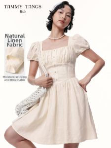 TAMMY TANGS | Court Tea Dress Summer New Flax Short Sleeve Waist-Shaping Slimming Dress
