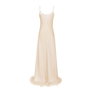 ชุดนอนผู้หญิงผ้าซาตินพร้อมขนนกพันธุ์อูฐ ชุดราตรี ชุดคลุมกันหนาว ชุดนอนฤดูใบไม้ร่วง แขนยาว คอวี สีพื้น ไร้กระดุม